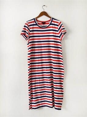 J.Crew Red Blue Striped Cotton Midi Length Relaxed Fit Shirt Dress - Size L